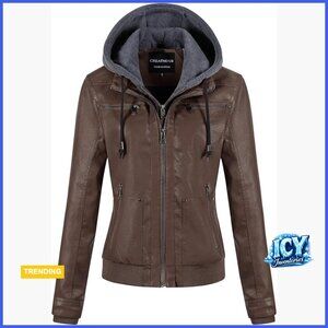 Faux Leather Motorcycle Bomber Jacket with Removable Hood Waterproof